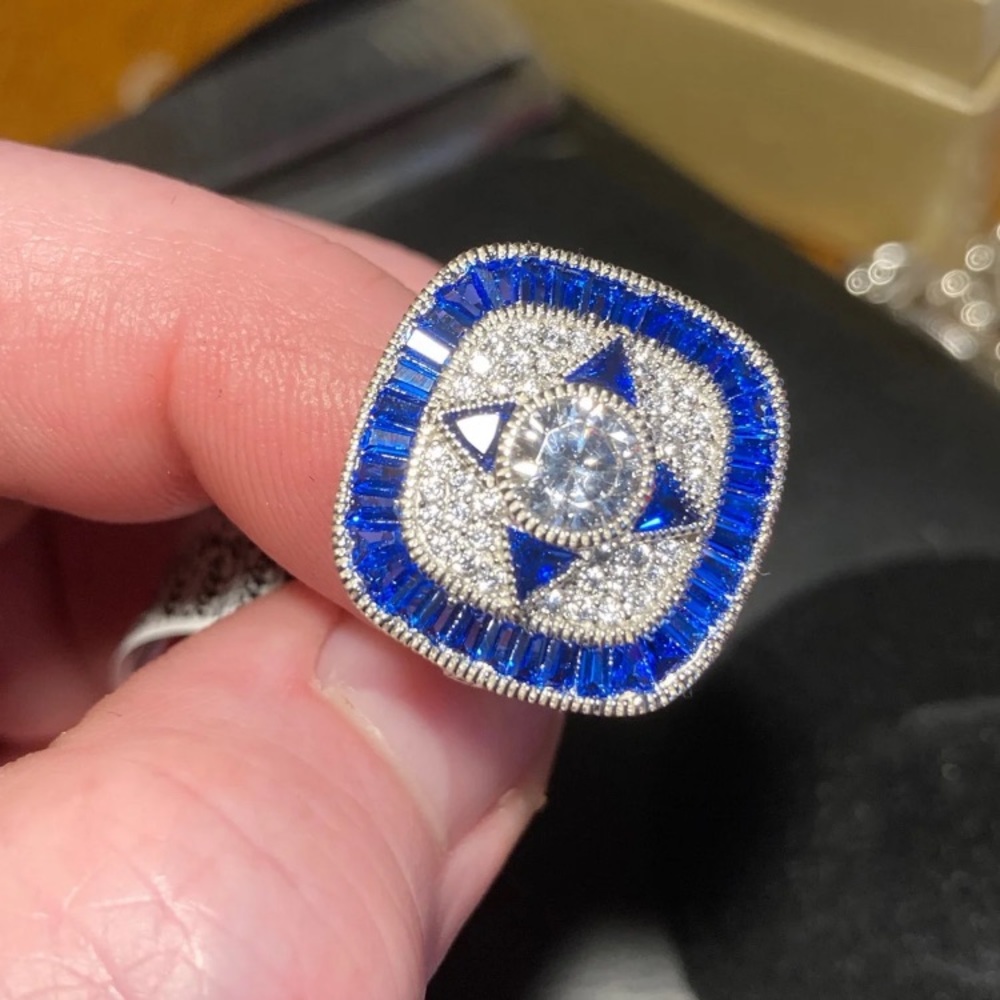 Sapphire and CZ Rhodium Over 925 Sz 5 Ring